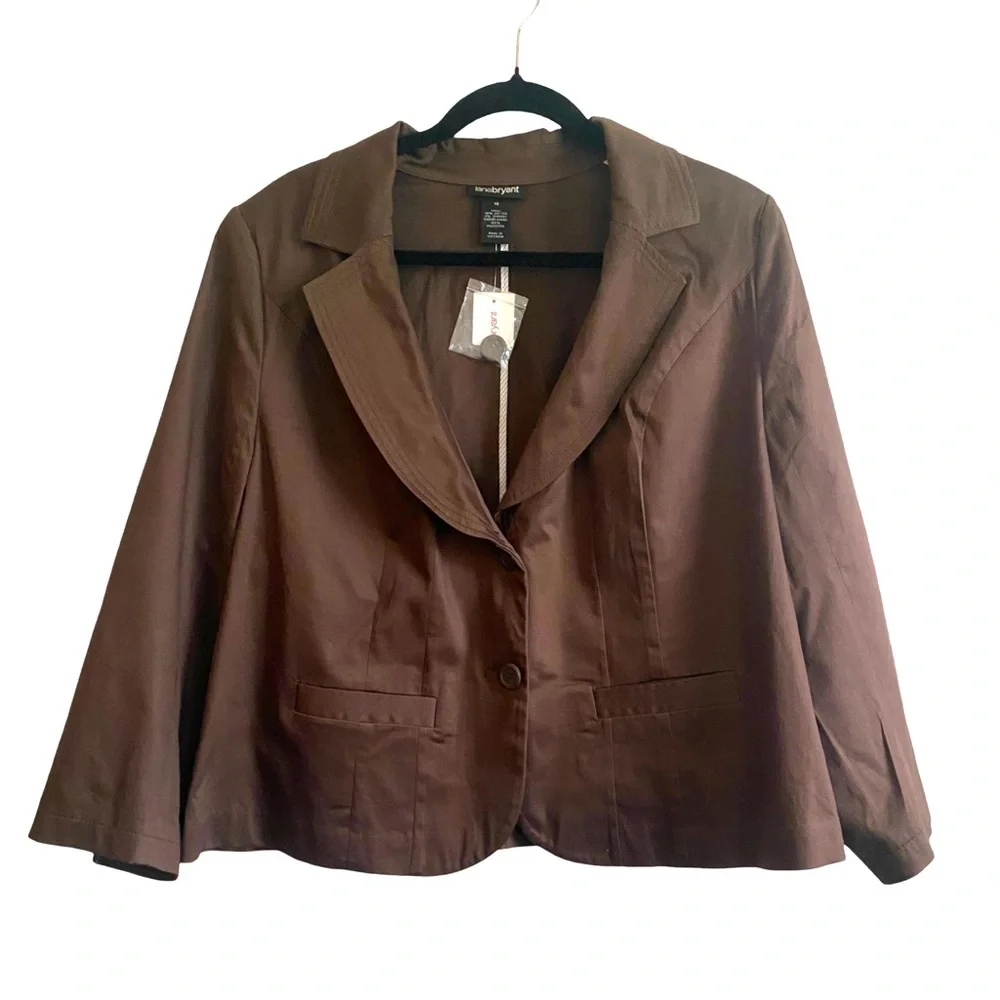 Lane Bryant Notch Lapel Blazer 18 Brown Lined Short Cotton 2 Button Jacket